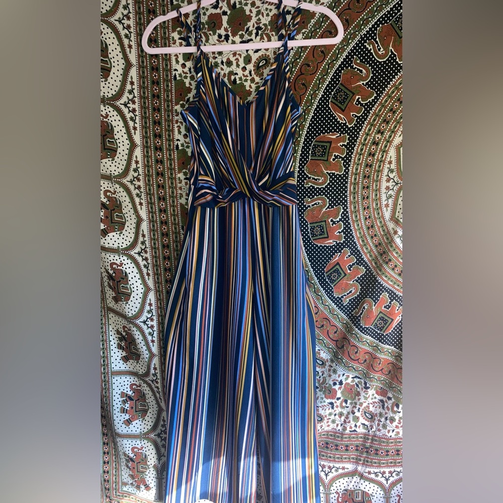 Navy Blue Striped V-Neck Jumpsuit !